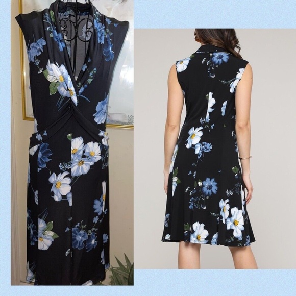 LBISSE FLORAL "TWIST-ACCENT" V-NECK DRESS~BLACK, BLUE, WHITE~SLEEVELESS~LARGE - Picture 3 of 6